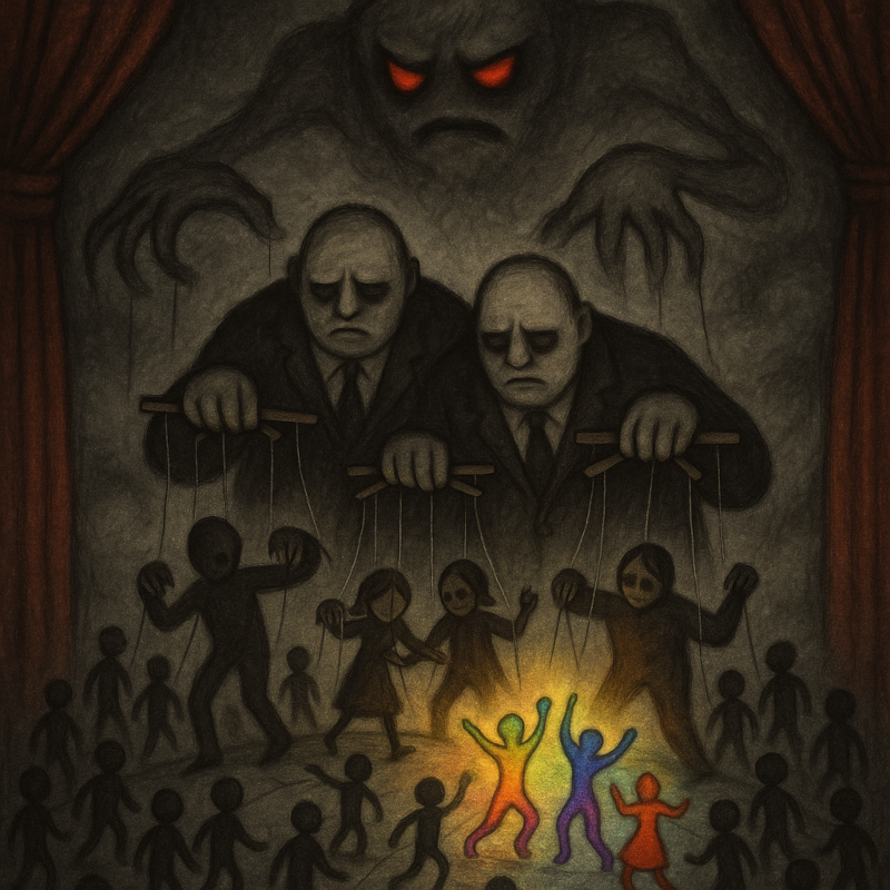 A dark drawing of a theatre scene in caricature-style. In the center, sorrowful shapes of world leaders in black suits with hollow eyes control the masses, symbolized ad puppet-like figures on an earth globe, using strings. Above them looms a giant grayscale fog entity with bloody red eyes, representing depression and self-doubt. Its arms look like strings of fog, steering the world leaders like puppets themselves. Below, on the surface of the globe among the mass-controlled puppet-like dark figures, some vibrant, rainbow-colored human figures stand free, dancing and resisting, their light piercing the fog. The scene is framed by red stage curtains, with fog in the background and light breaking through from the defiant figures. The mood is dark and foggy, but the resistant people bring some light into the scene.